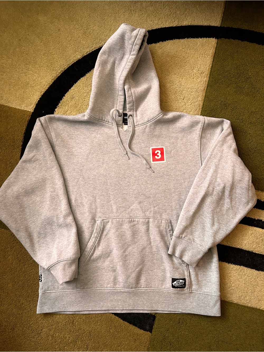 Vans Men's Gray Crewneck Hoodie with Red '3' Chest Patch